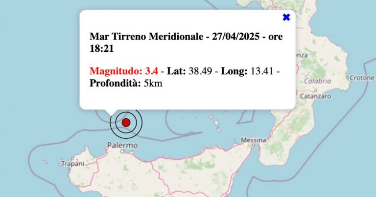 Scossa di terremoto registrata oggi, 27 aprile 2025, nel Tirreno Meridionale: epicentro a nord di Palermo