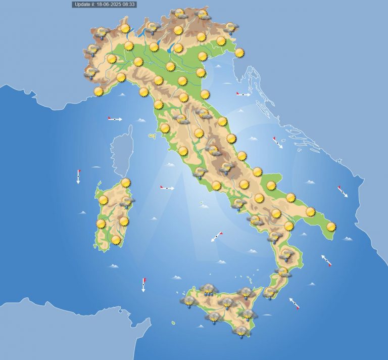 Meteo domani 19 giugno: tempo più stabile in Italia ma ma ancora acquazzoni e temporali su alcuni settori