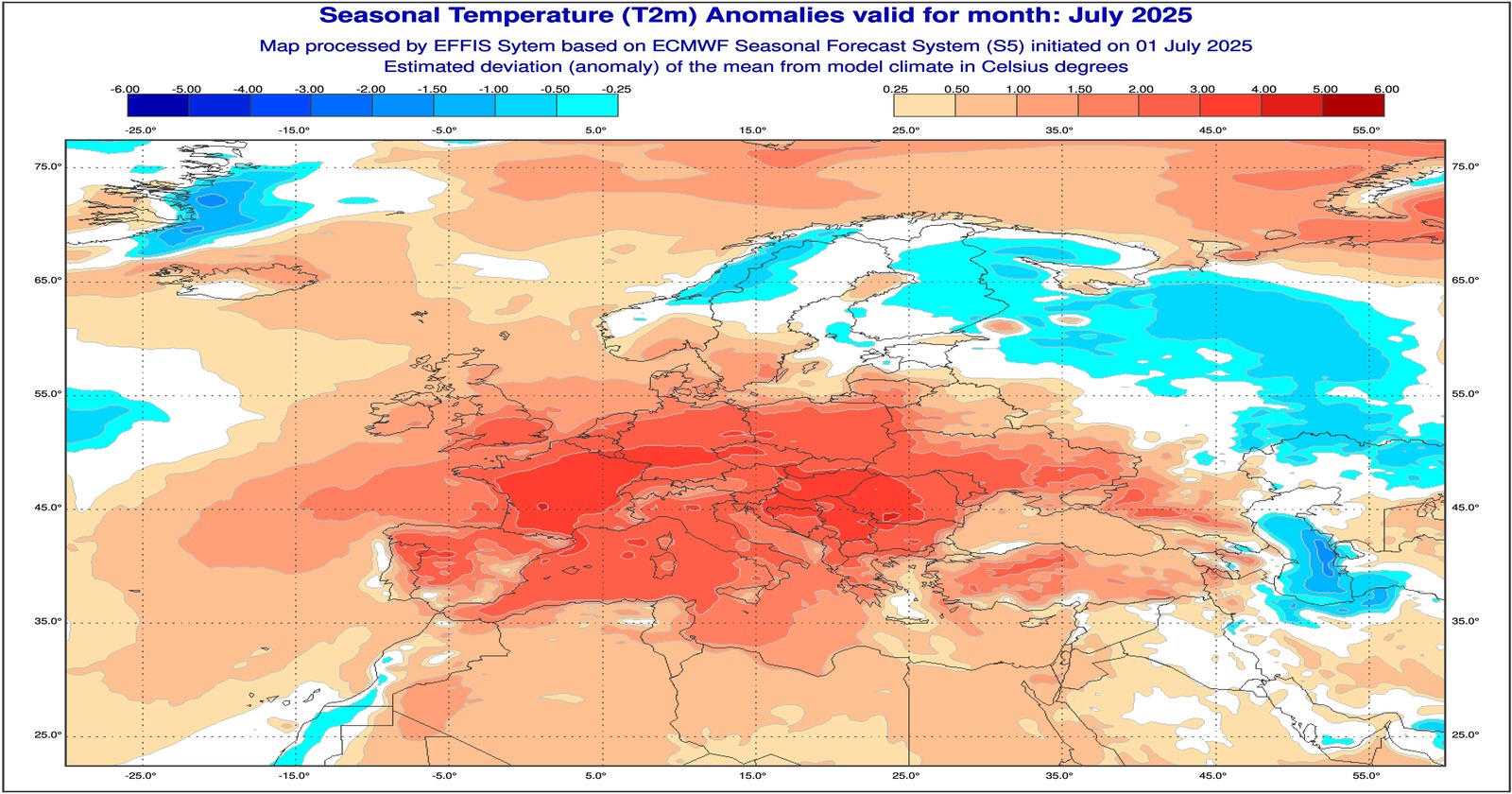 Anomalie di temperature previste dal modello ECMWF per Luglio 2025 - effis.jrc.ec.europa.eu