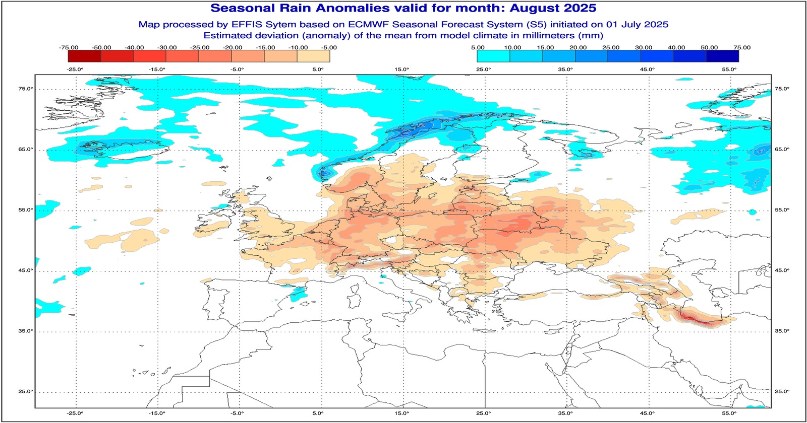 Anomalie di precipitazione previste dal modello ECMWF per Agosto 2025 - effis.jrc.ec.europa.eu