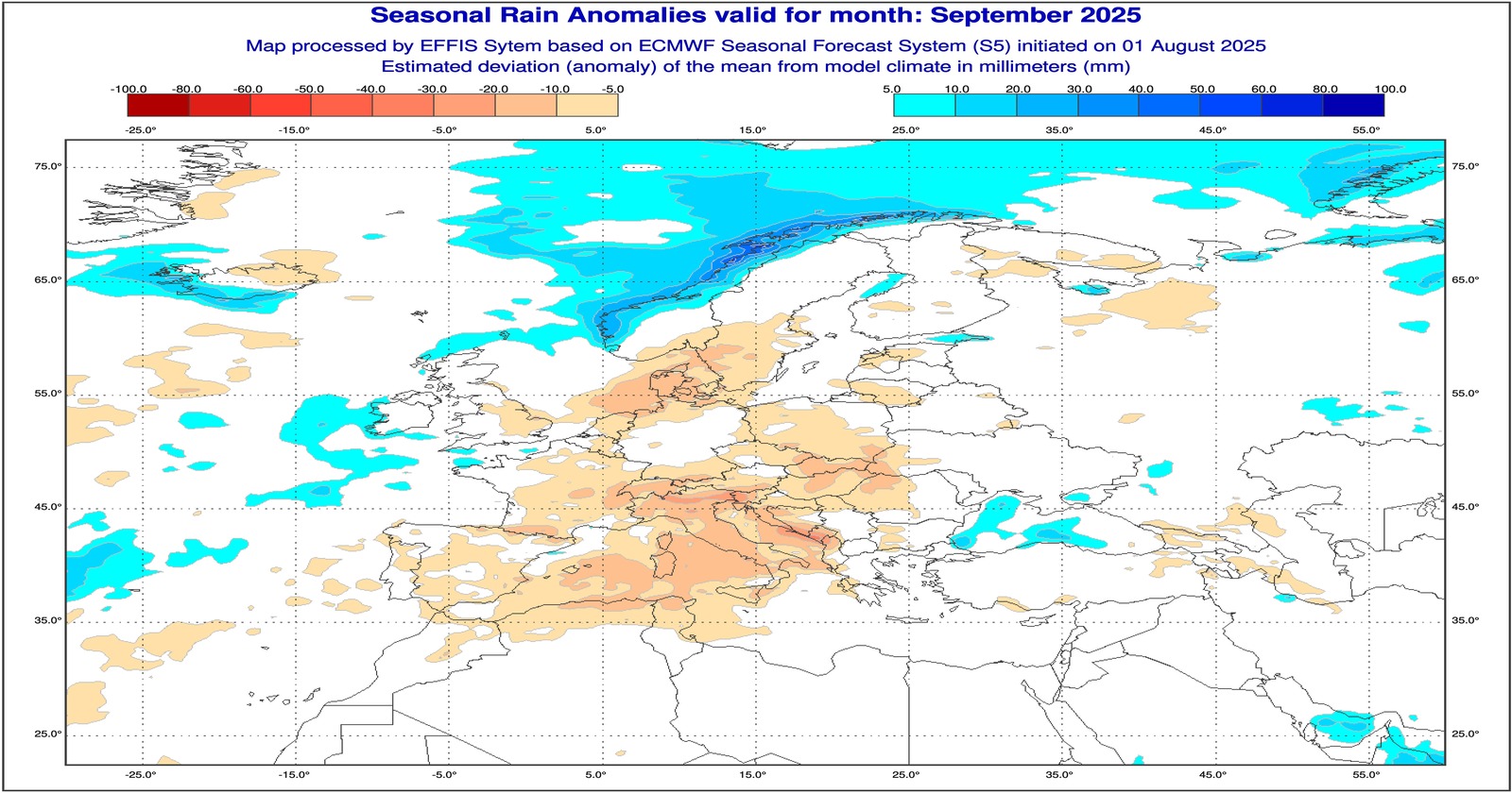 Anomalie di precipitazione previste dal modello europeo per settembre 2025 - effis.jrc.ec.europa.eu.eu