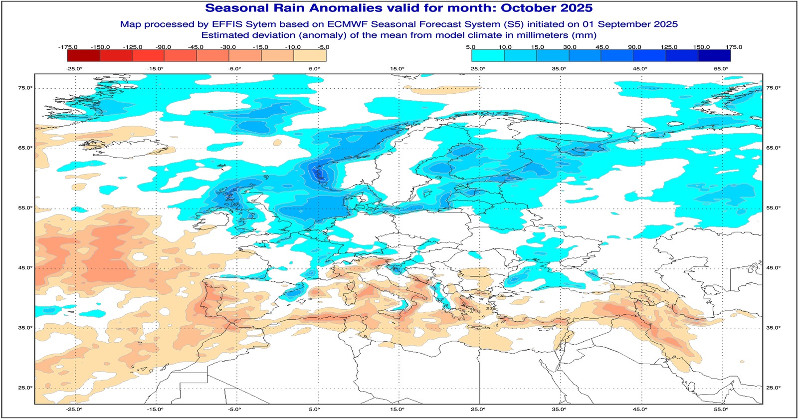 Anomalie di precipitazione previste dal modello europeo per ottobre 2025 - effis.jrc.ec.europa.eu.eu