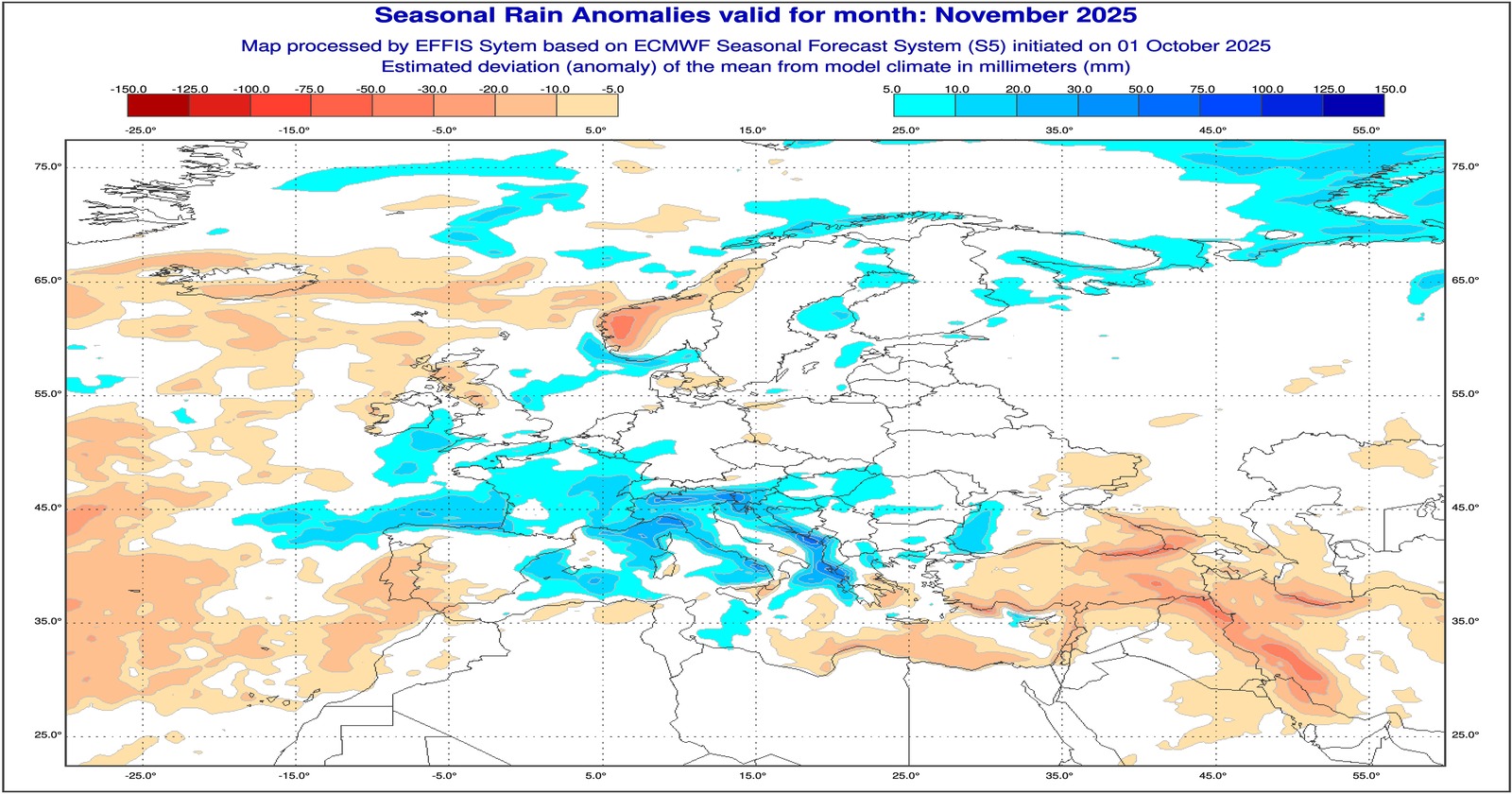 Anomalie di precipitazione previste dal modello ECMWF per novembre 2025 - effis.jrc.ec.europa.eu