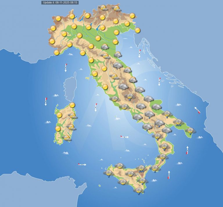 Meteo domani 9 novembre: piogge e temporali che interessano ancora il Sud Italia, tempo più stabile altrove