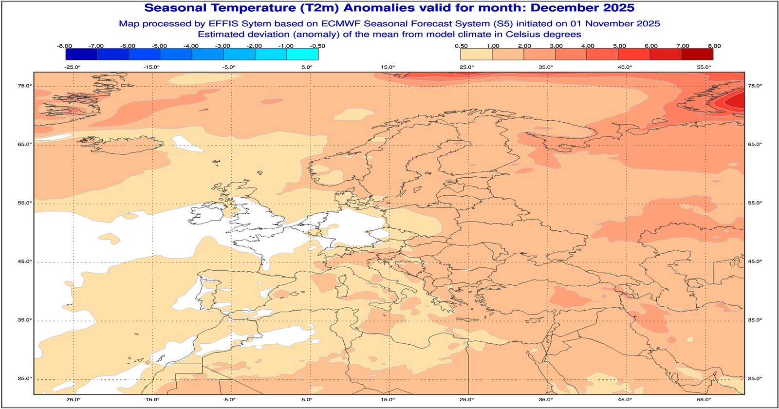 Anomalie di temperatura previste dal modello ECMWF per dicembre 2025 - effis.jrc.ec.europa.eu