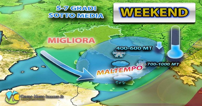 Meteo – Weekend destinato al freddo artico e al maltempo, con neve a quote relativamente basse: i dettagli
