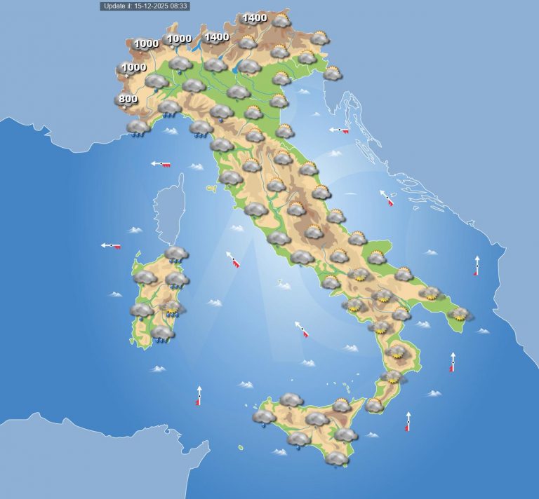 Meteo domani 16 dicembre: maltempo in Italia con piogge, acquazzoni e anche neve a quote basse