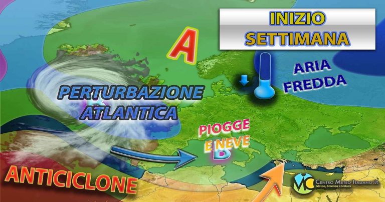 Meteo – Settimana di Natale al via con peggioramento sull’Italia, attese piogge, temporali e neve in montagna