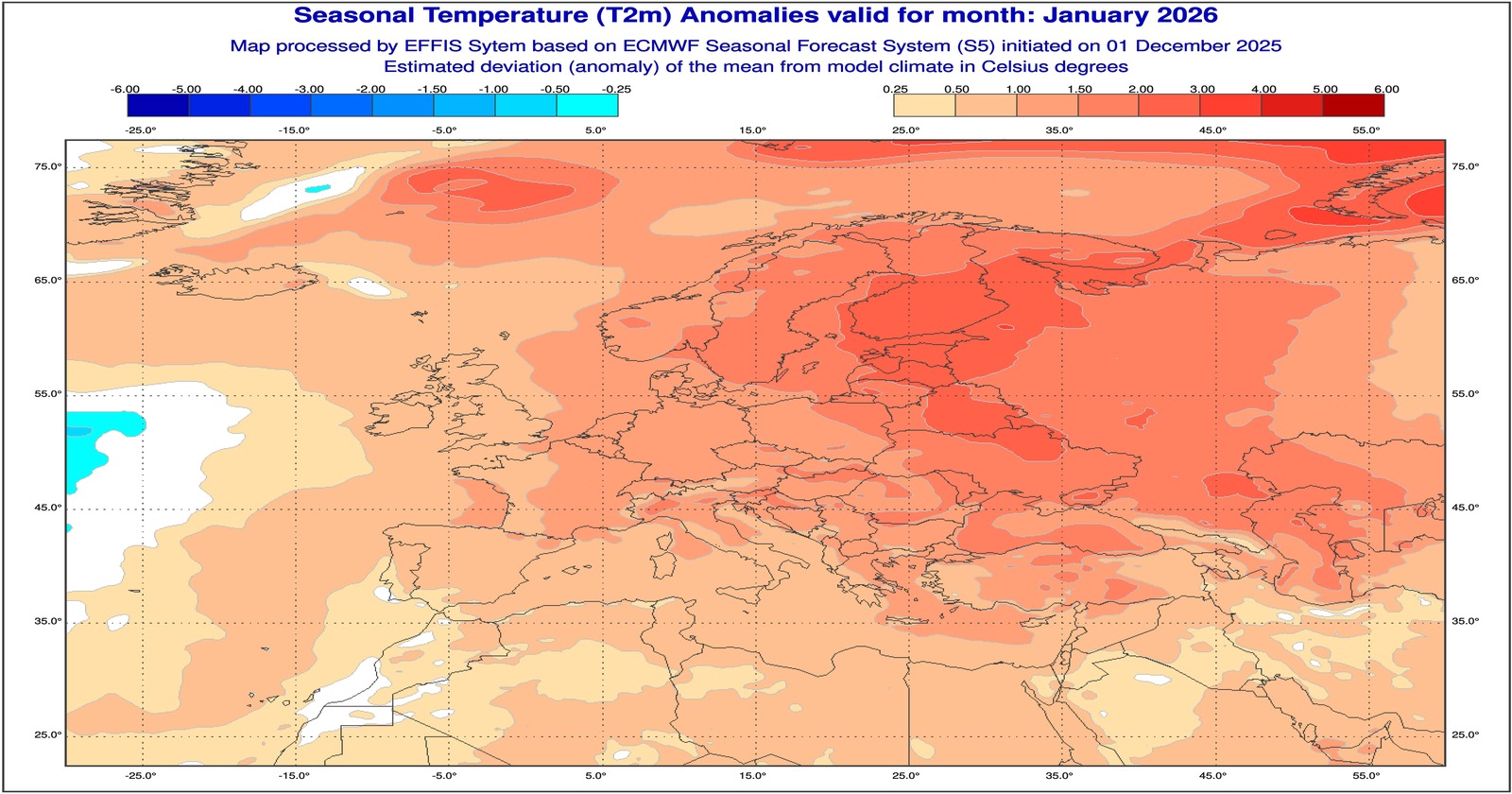 Anomalie di temperatura previste dal modello ECMWF per Gennaio 2026 - effis.jrc.ec.europa.eu