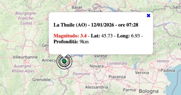 Terremoto in Valle d’Aosta oggi, lunedì 12 gennaio 2025: scossa avvertita in provincia di Aosta. Orario, epicentro e dati ufficiali Ingv