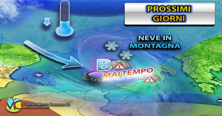 Meteo – Weekend di maltempo alle porte del Paese, con piogge, possibili temporali e neve in montagna: la tendenza
