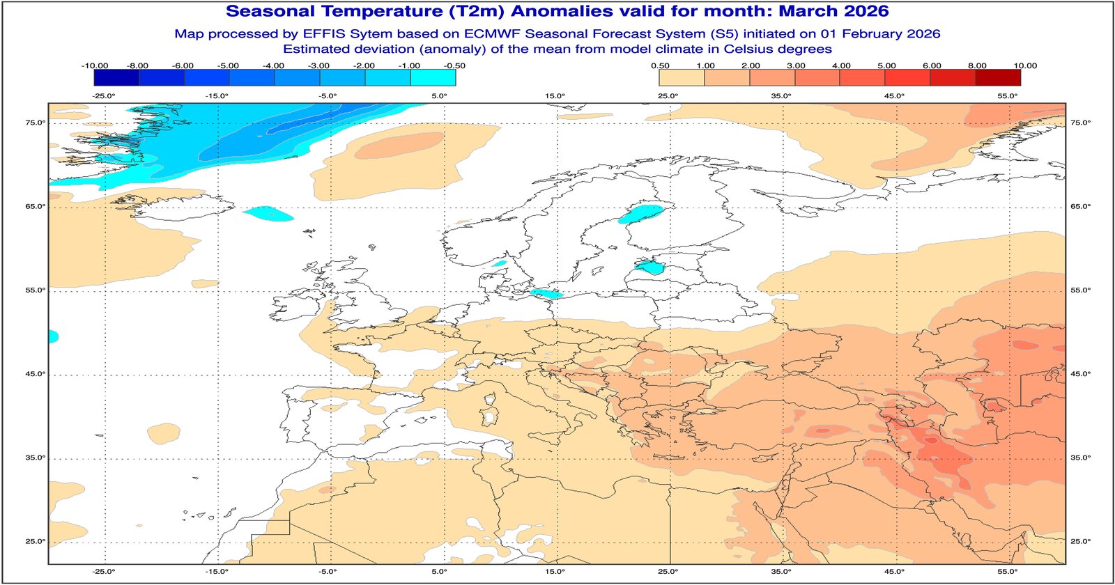 Anomalie di temperatura previste dal modello ECMWF per Marzo 2026 - effis.jrc.ec.europa.eu