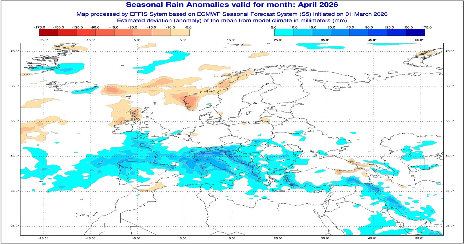 Anomalie di precipitazione previste dal modello ECMWF per Aprile 2026 - effis.jrc.ec.europa.eu