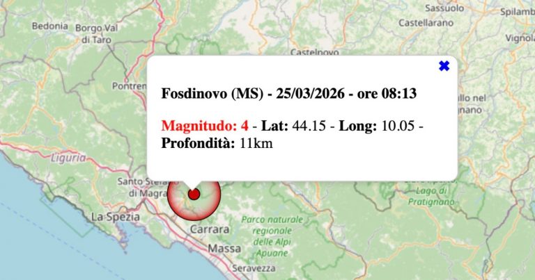 Terremoto in Toscana oggi, mercoledì 25 marzo 2026: scossa M 4.0 in provincia di Massa-Carrara, i dati ufficiali INGV | Scuole chiuse in questi comuni