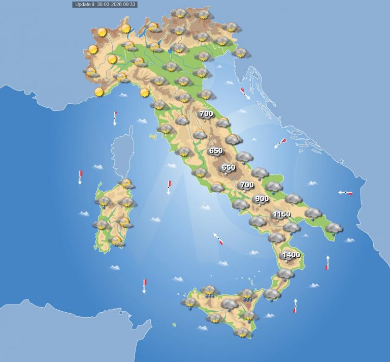 Meteo domani 31 marzo: aria fredda e vortice depressionario sul Mediterraneo con maltempo diffuso