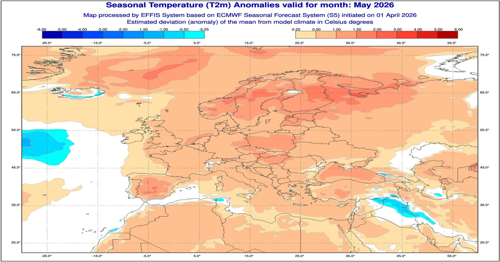 Anomalie di temperatura previste dal modello ECMWF per Maggio 2026 - effis.jrc.ec.europa.eu