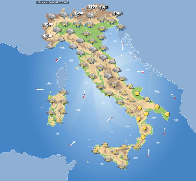 Meteo domani 15 maggio: saccatura depressionaria verso il Mediterraneo con maltempo in arrivo