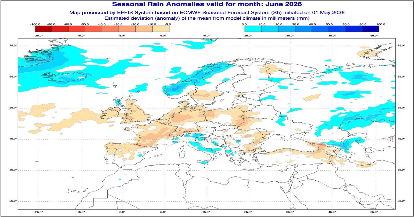 Anomalie di precipitazione previste dal modello ECMWF per Giugno 2026 - effis.jrc.ec.europa.eu