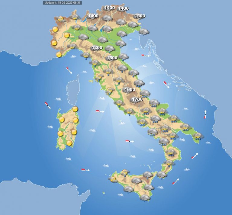 Meteo domani 16 maggio: fine settimana che inizia con piogge e temporali su molte zone della Penisola
