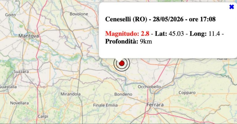 Terremoto in Veneto oggi, giovedì 28 maggio 2026: scossa M 2.8 in provincia di Rovigo | Dati INGV
