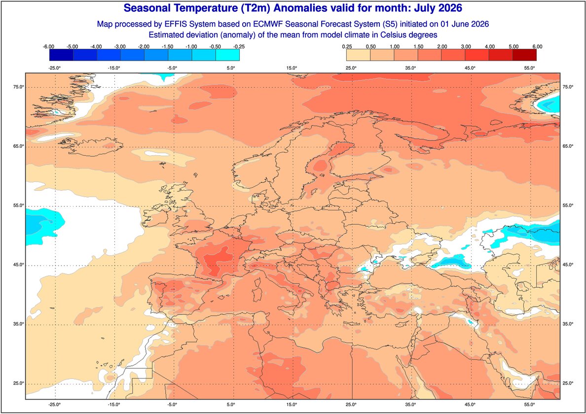 Anomalie di temperatura previste dal modello ECMWF per Luglio 2026 - effis.jrc.ec.europa.eu