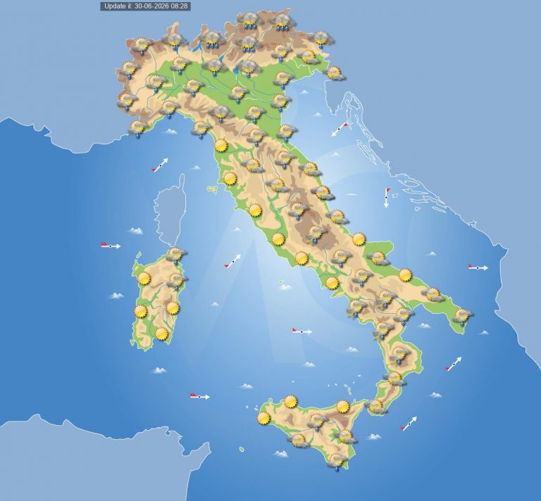 Meteo domani 1 luglio: goccia fredda che si muove verso il Mediterraneo portando temporali e calo termico