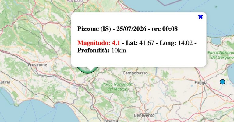 Terremoto in Molise oggi, sabato 25 luglio 2026: scossa M 4.1 in provincia di Isernia, dati INGV