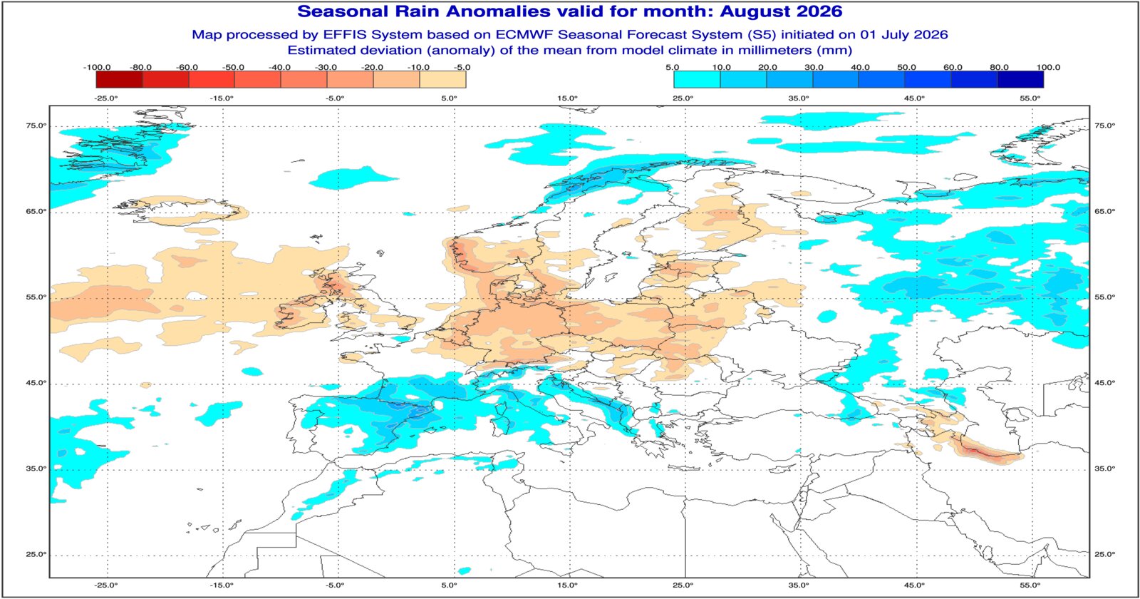 Anomalie di precipitazione previste dal modello ECMWF per Agosto 2026 - effis.jrc.ec.europa.eu