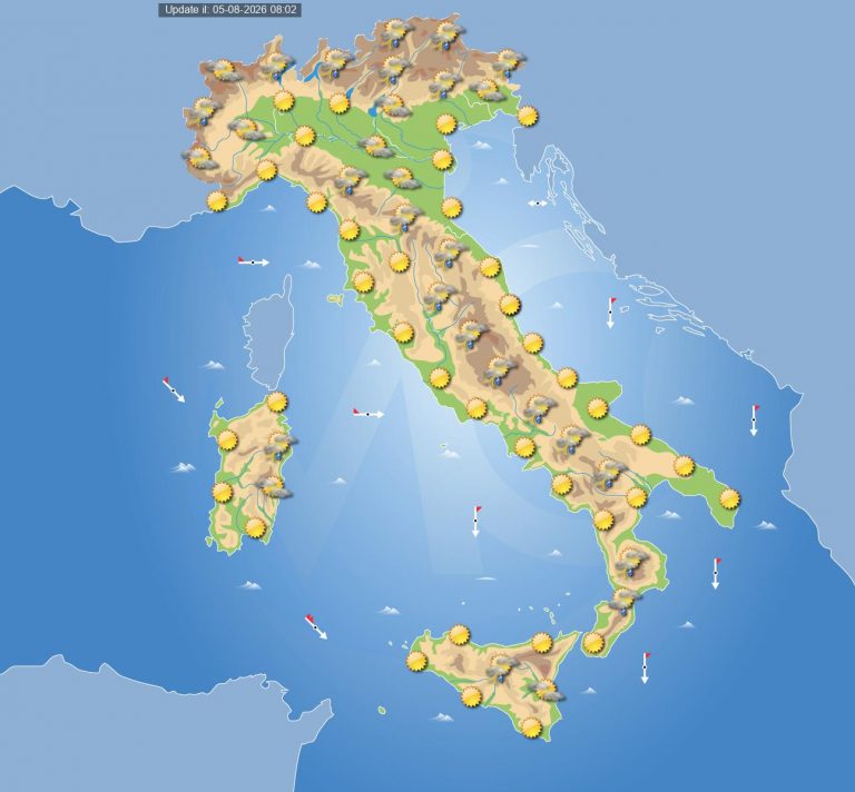 Meteo domani 6 agosto: sole e clima rovente in Italia, ma anche temporali di calore nel pomeriggio