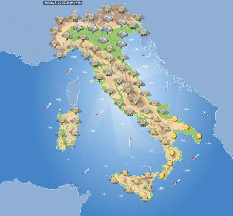 Meteo domani 21 agosto: tempo instabile su parte dell’Italia con piogge e temporali Centro-Nord, più stabile al Sud