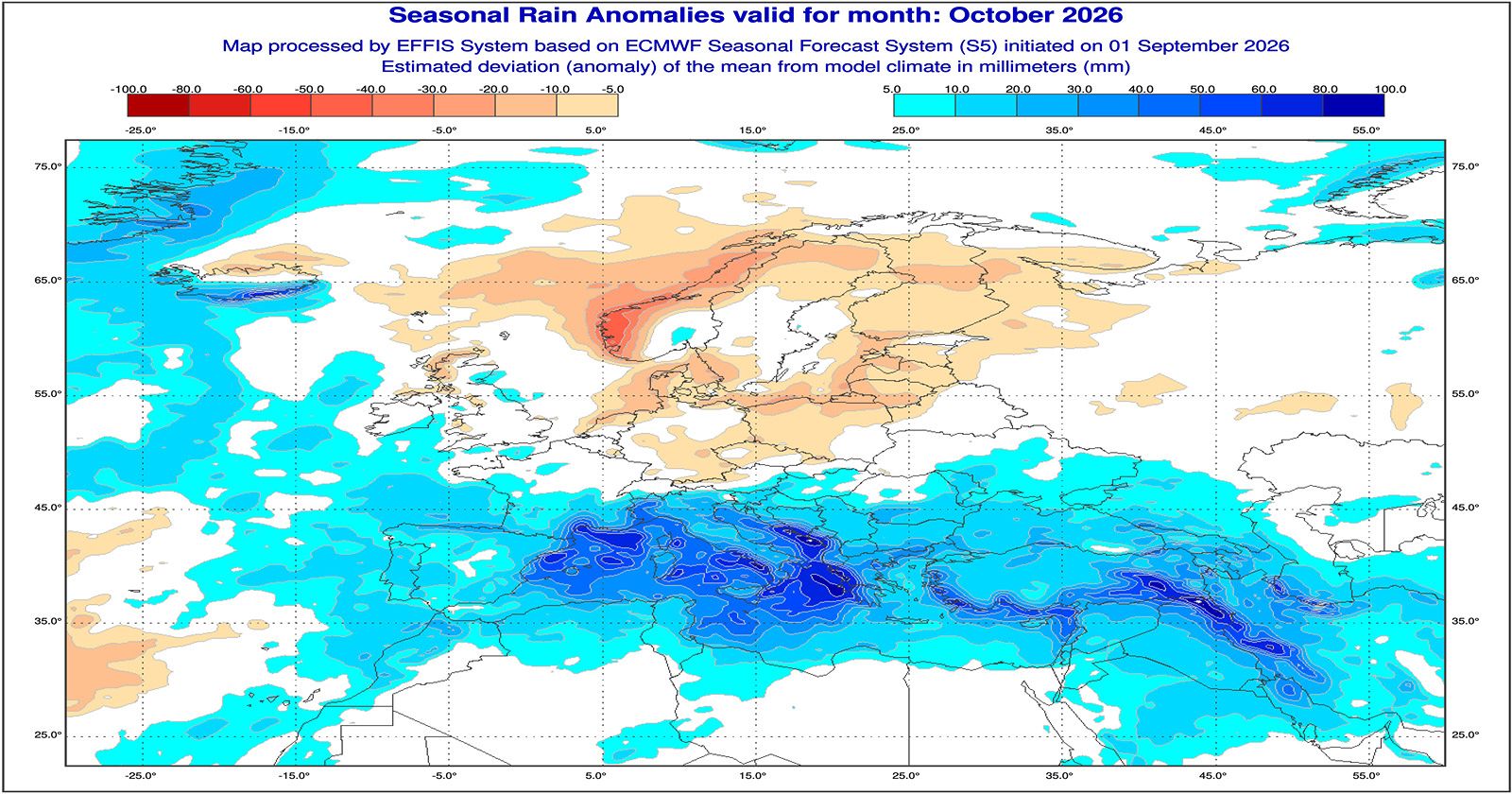 Anomalie di precipitazione previste dal modello europeo per ottobre 2026 - effis.jrc.ec.europa.eu.eu