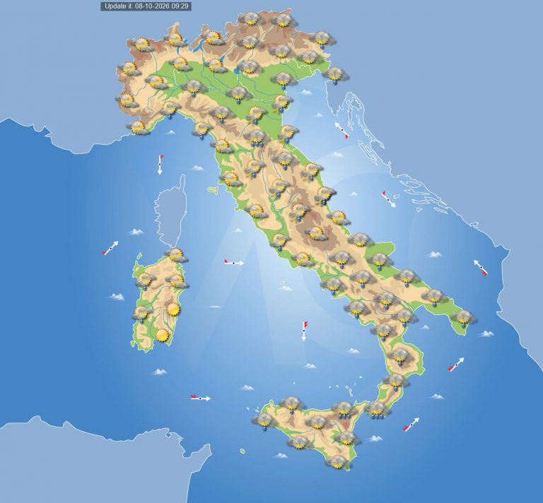 Meteo domani 9 ottobre: depressione in transito con goccia fredda in quota, maltempo con piogge e temporali sparsi
