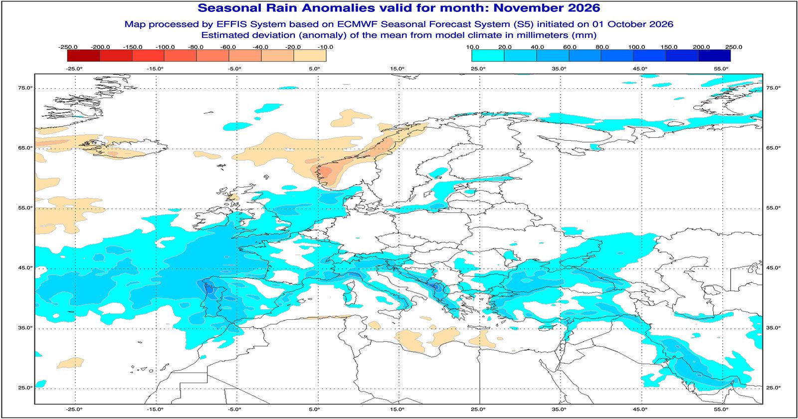 Anomalie di precipitazione previste dal modello ECMWF per novembre 2026 - effis.jrc.ec.europa.eu