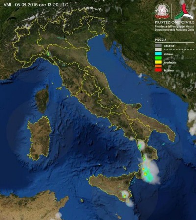 Mappa radar della protezione civile che mostra l'intensita delle piogge in atto in questo momento in Italia