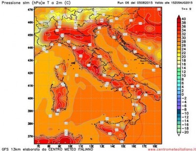 Mappe delle temperature a 2m del modello GFS elaborato dal nostro centro di calcolo per le 15Z del 05 agosto 2015